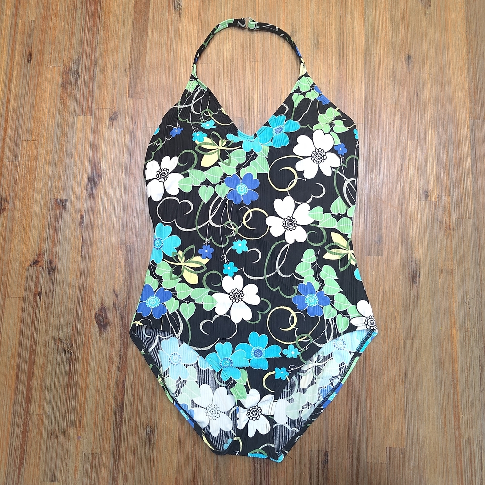 Vintage Catalina Swimsuit Size 2X Plus Floral Black Blue One Piece Full Coverage